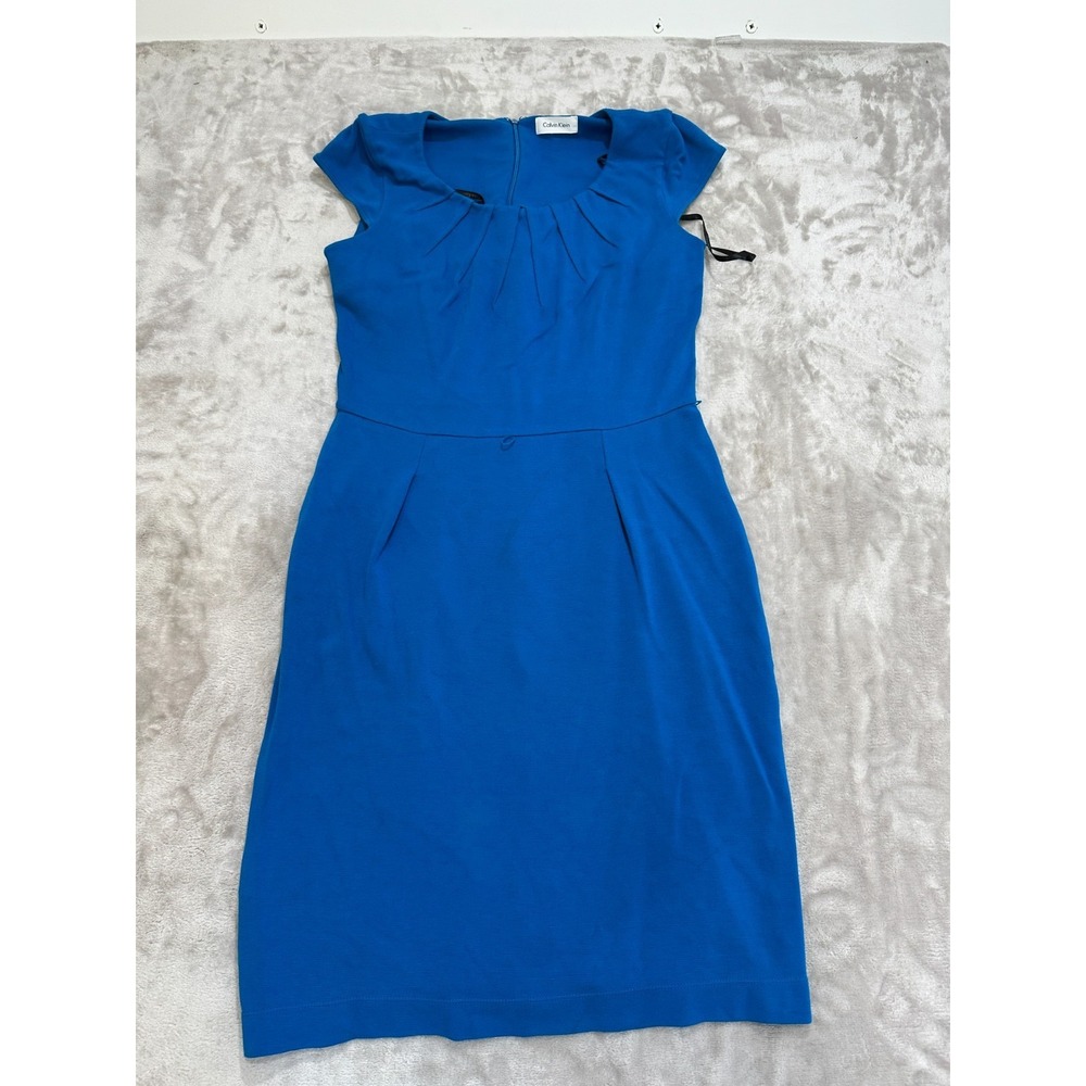 Calvin Klein Blue Solid Sleeveless Round Neck Sheath Knee Dress Zip Size 6 Read